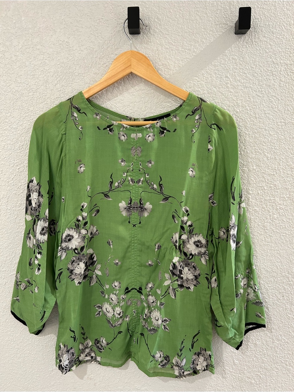 Tolani Green Floral Blouse with Black & White Accents